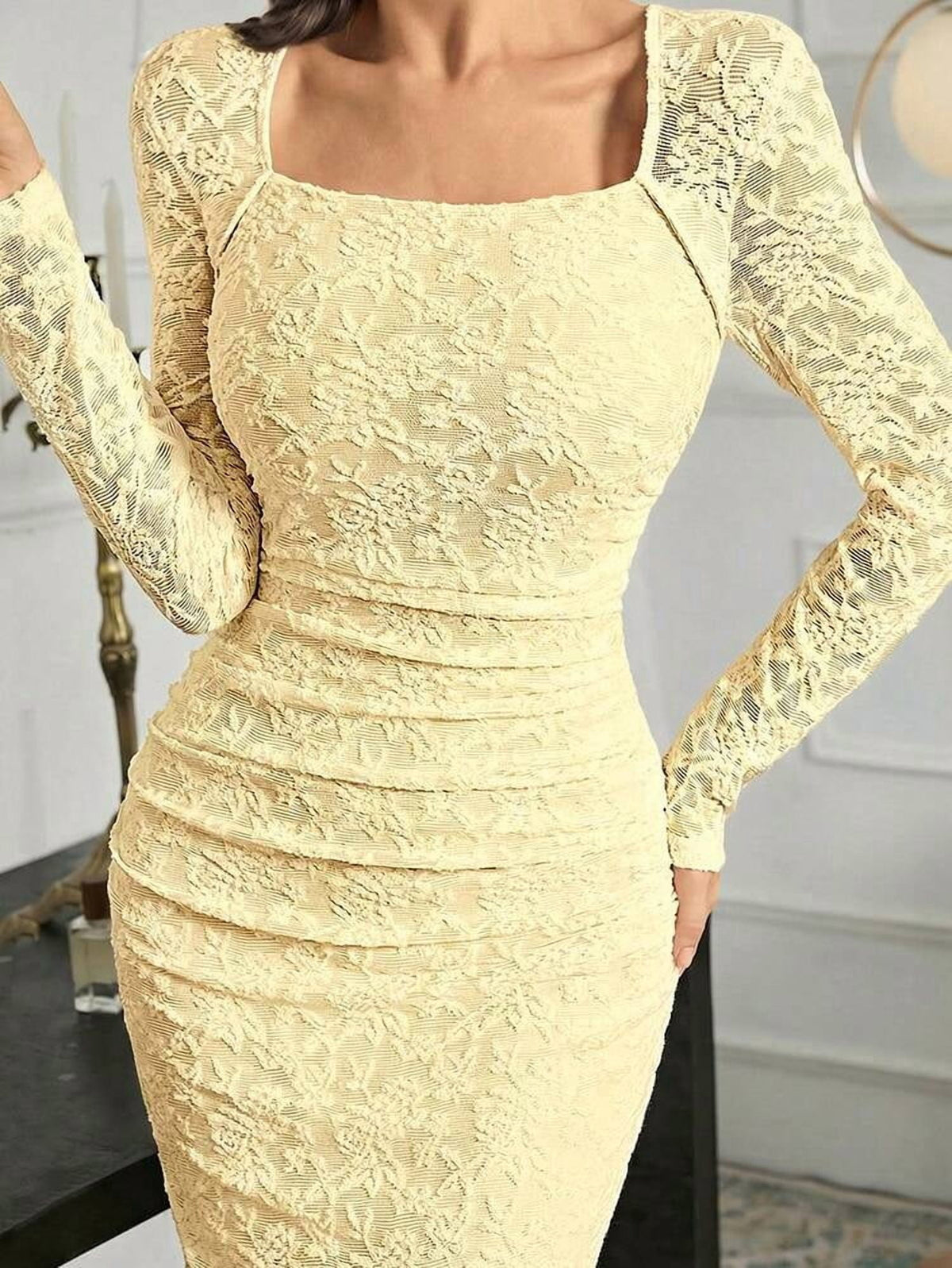 thumbnail image 3 of Pale Yellow Lace Long Sleeve Square Neck Bodycon Evening Dress, 3 of 7