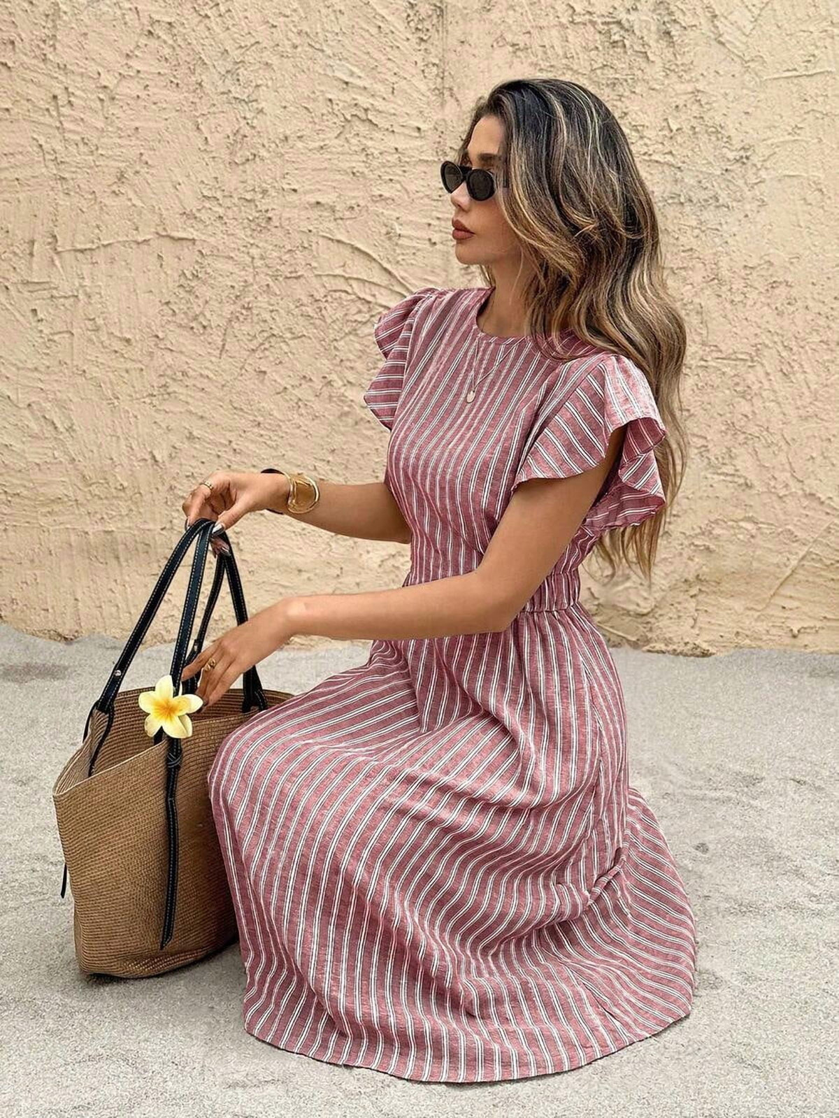 thumbnail image 5 of Womens Burgundy Ruffle Sleeve Vertical Stripe Midi Dress Summer Vacation, 5 of 7