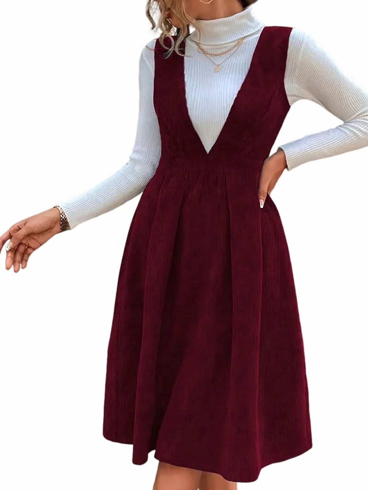 thumbnail image 4 of Women V Neck Corduroy Overall Dress Fall Mini Pinafore Jumper Dress Red S, 4 of 9