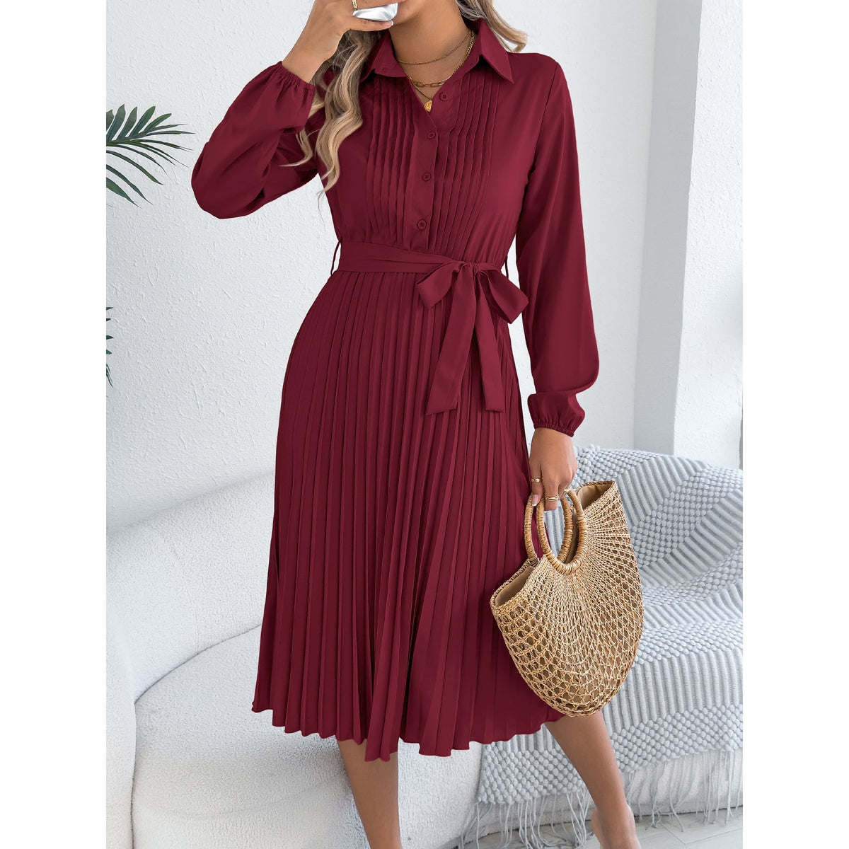 thumbnail image 2 of Women's Pleated Long Sleeve Belted Shirt Midi Dress, 2 of 4
