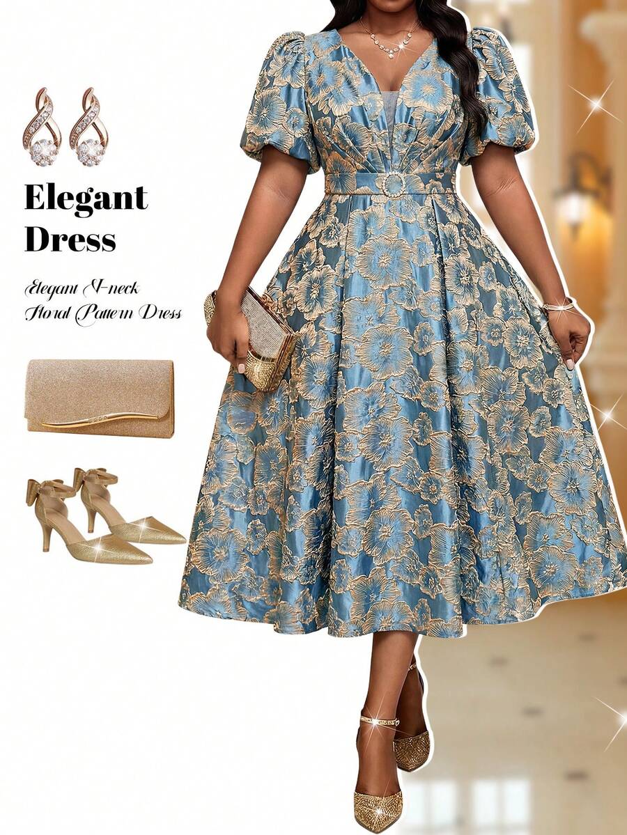 thumbnail image 4 of Womens Blue Floral Jacquard V-Neck Vintage 1950s Elegant Pleated Cocktail, 4 of 7