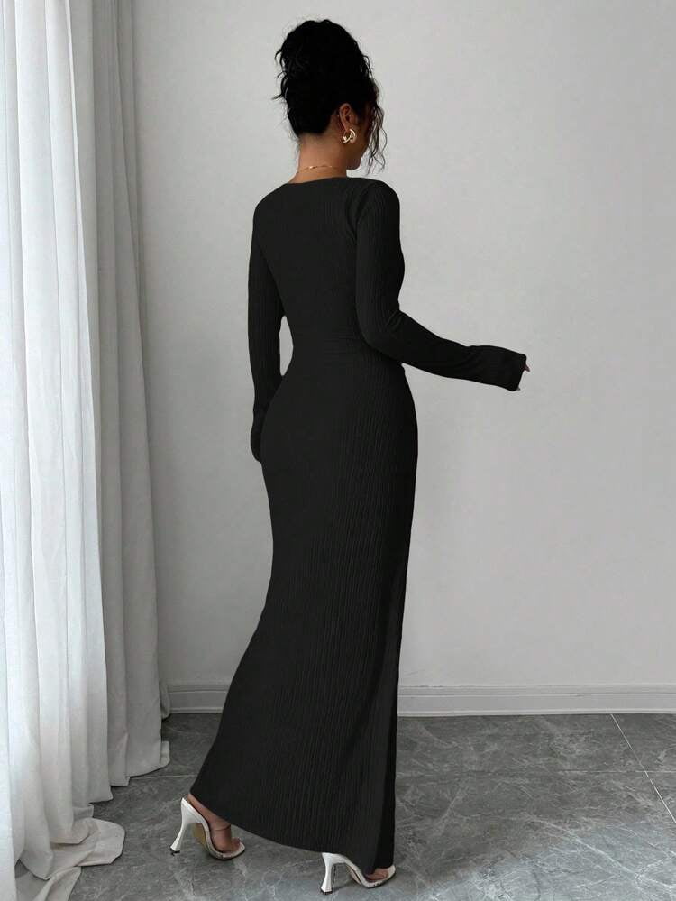 thumbnail image 2 of Black Asymmetrical Neck Knitted Long Dress with Ornamental Buckle, 2 of 7