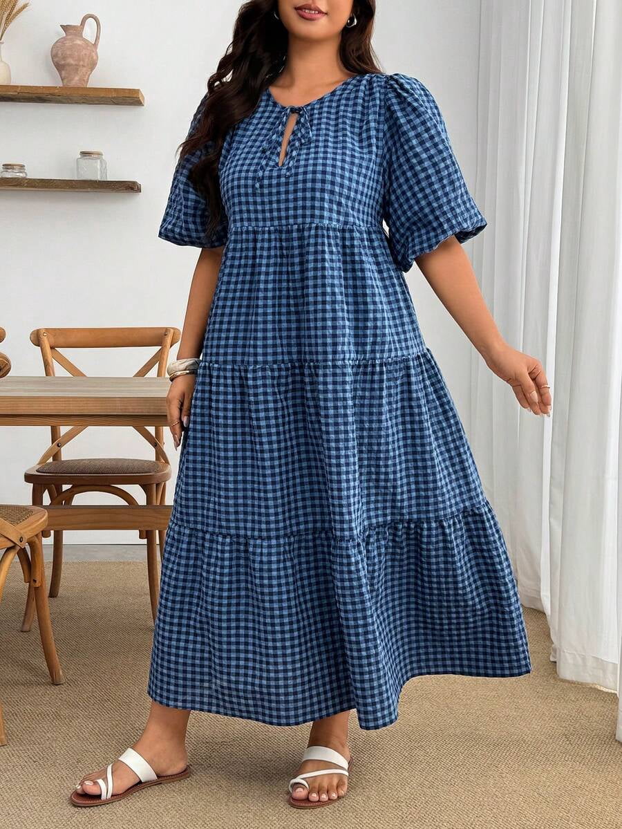 thumbnail image 3 of Womens Blue Gingham Tiered Dress With Puff Sleeves And Ruffle Hem, 3 of 8