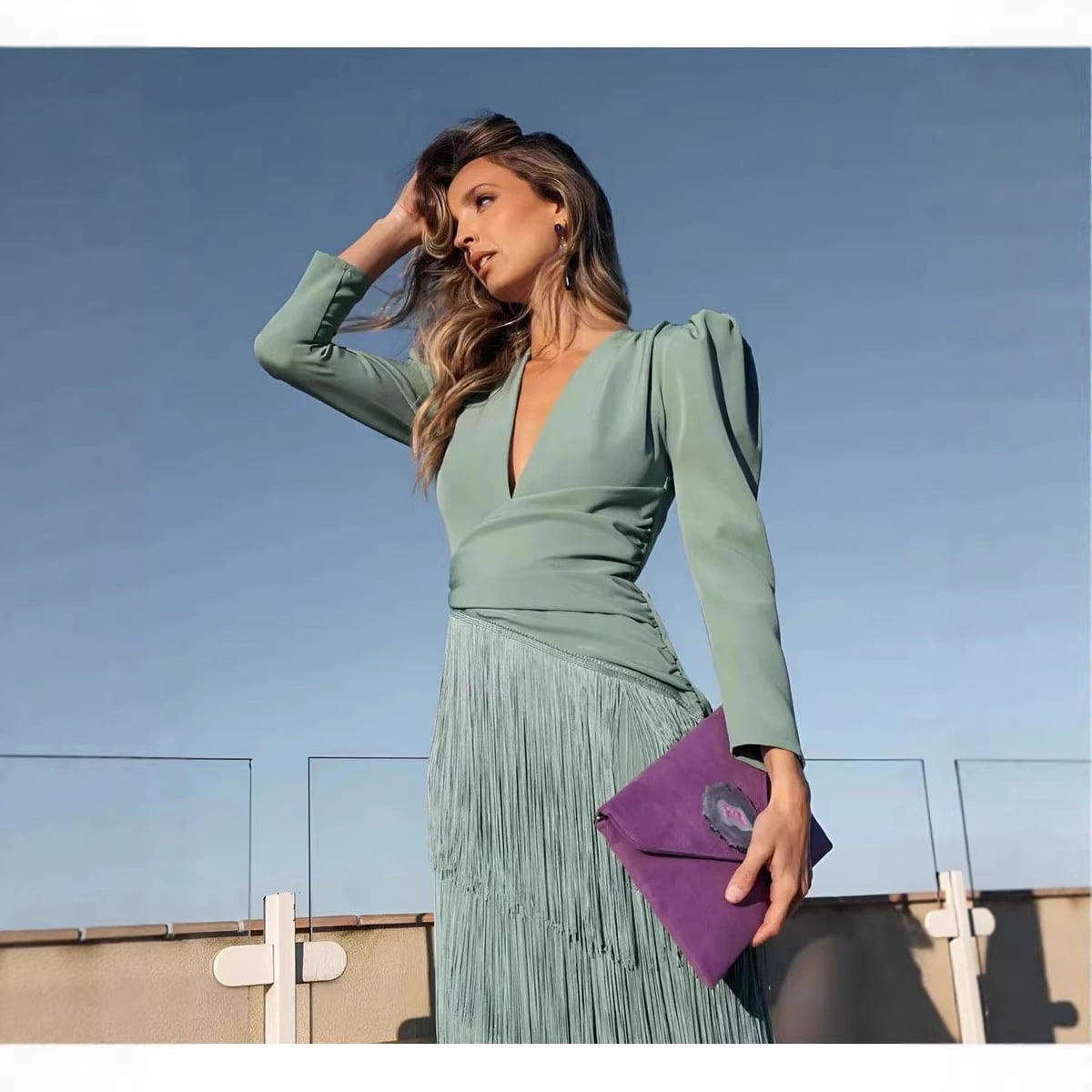 thumbnail image 6 of Autumn Deep V-neck Fringe Fitted Long Dress, 6 of 10