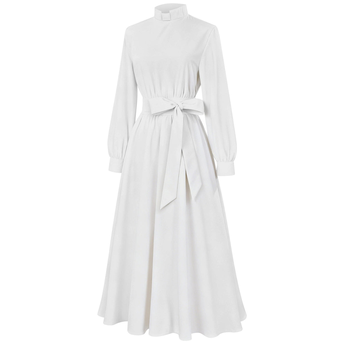 thumbnail image 6 of FYEGRE Clergy Dress for Women Long Sleeve A Line Elegant Maxi Dress with Tab Insert Stand Collar and Belt White S, 6 of 8
