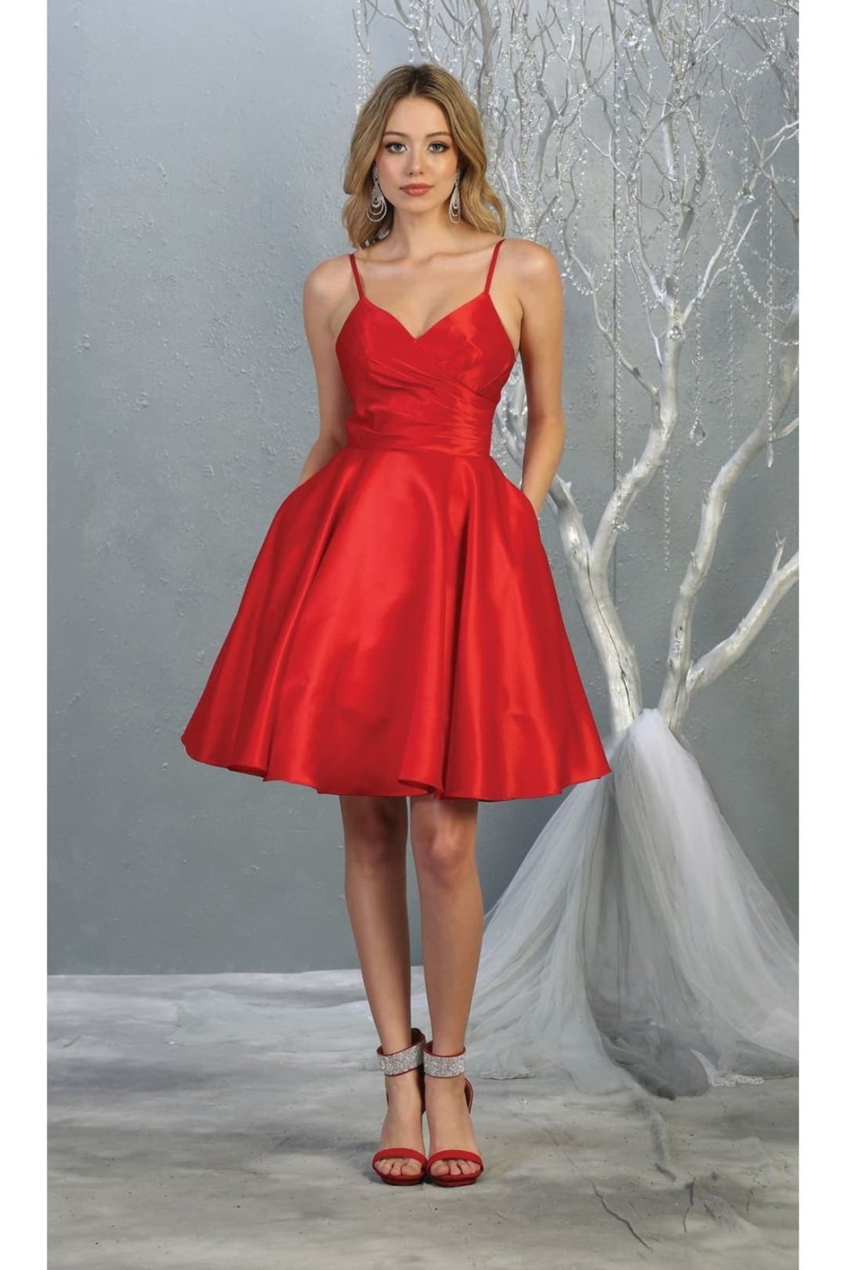 thumbnail image 2 of Women's May Queen MQ1654 V Neck Simple Solid Satin Short Hoco Dress Christmas - New Year Holiday Red 20, 2 of 9