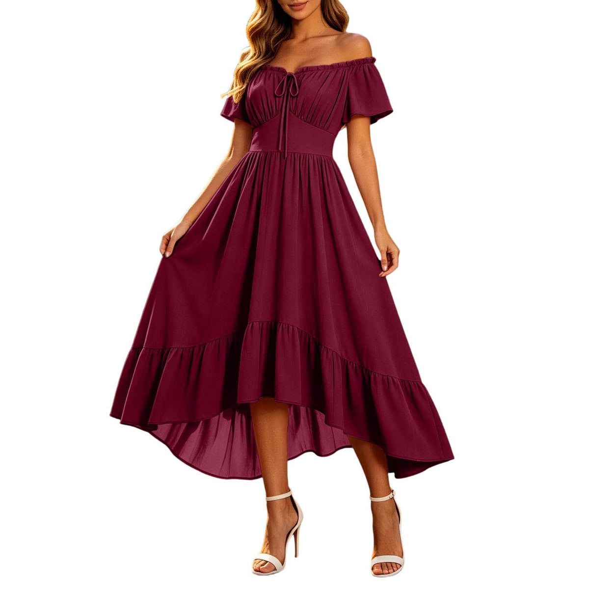 thumbnail image 4 of Women Off Shoulder High Low Midi Dress Ruffle Short Sleeve Tie Front Flowy Party Dress for Halloween Evening Wedding Guest, 4 of 6
