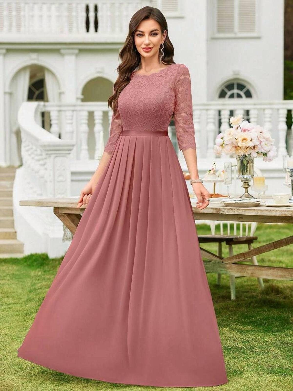thumbnail image 3 of Dusty Pink Lace Bodice Chiffon Pleated Long Evening Dress, 3 of 8