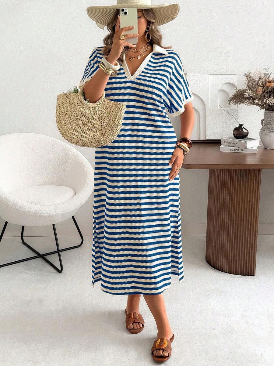 thumbnail image 3 of Plus Size Royal Blue Striped Knit Collar Short Sleeve Casual Vacation Dress, 3 of 4