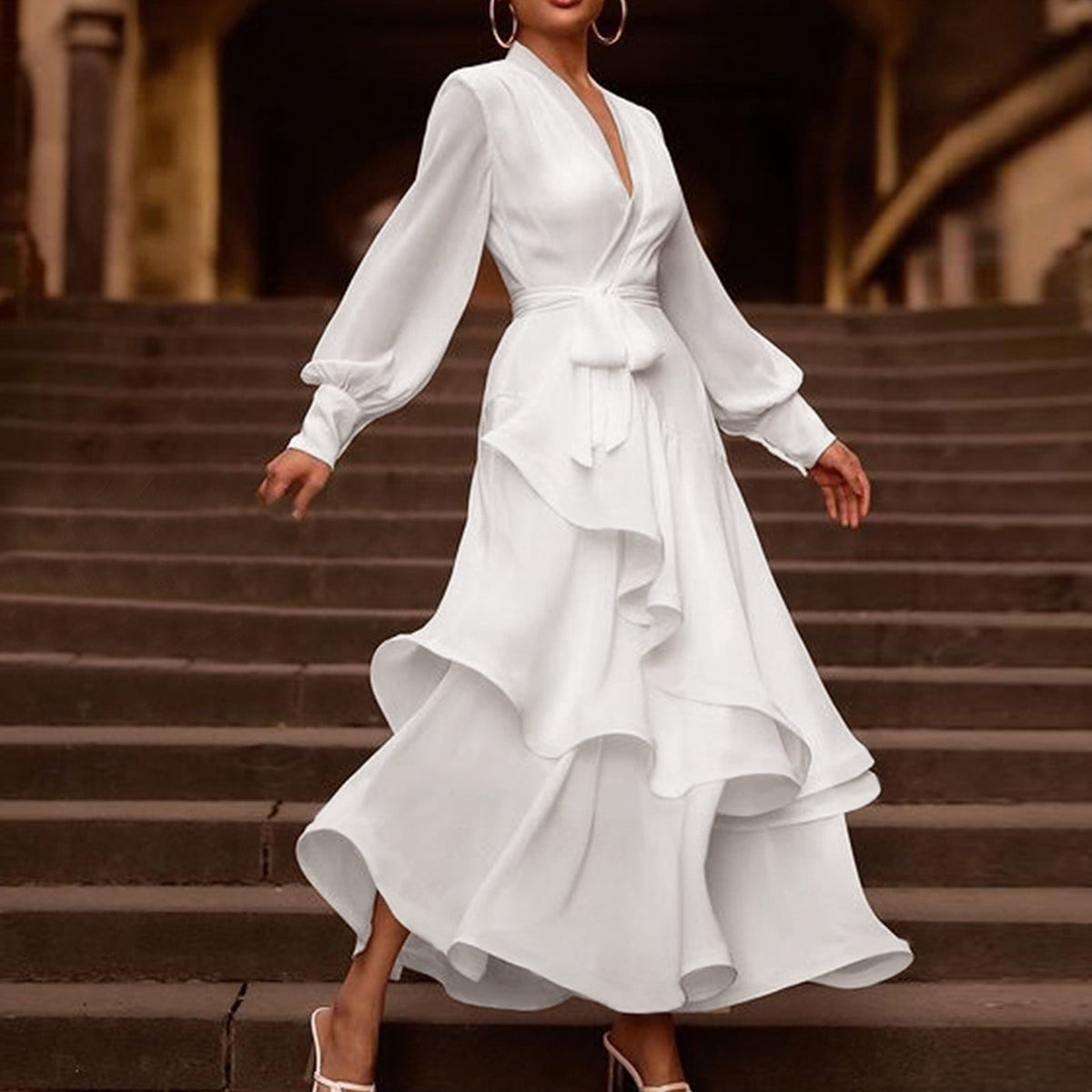 thumbnail image 5 of Sundresses for Women Casual Summer - Womens Summer Casual Boho Wrap V Neck Long Sleeve Evening Dress Cocktail Party Maxi Wedding Dresses Tiered with Belt, 5 of 8