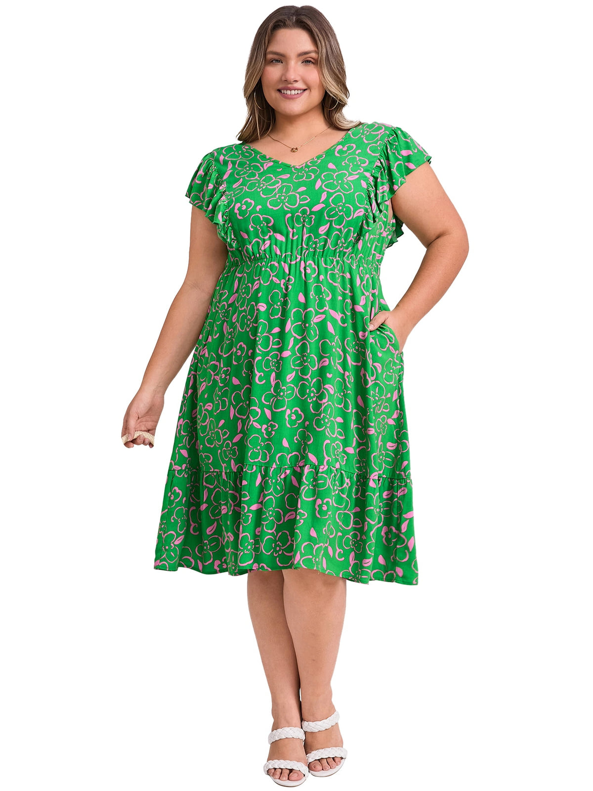 thumbnail image 2 of DARING DIVA Plus Size V Neck Ruffle Sleeve Knee Length Casual Dress 1X Green, 2 of 5