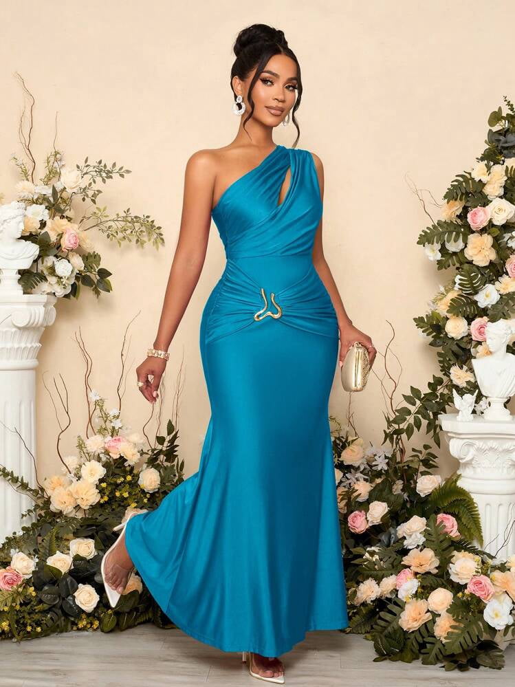 thumbnail image 3 of Teal Blue One Shoulder Asymmetric Cutout Maxi Dress with Ornamental Chain, 3 of 8