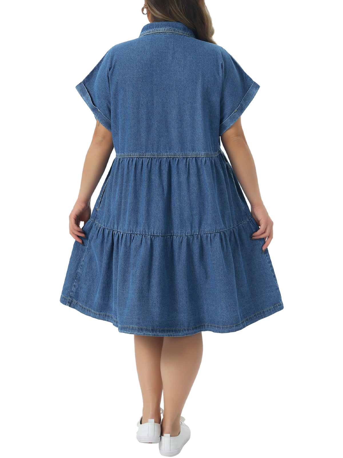 thumbnail image 3 of Agnes Orinda Women's Plus Size Denim Babydoll Dress Short Sleeve Button Down Tiered Hem Casual A-line Jean Dresses with Pockets 1X Blue, 3 of 6
