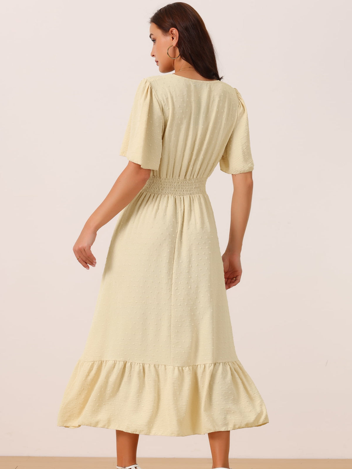 thumbnail image 4 of DARING DIVA Women's Swiss Dots Ruffle Midi Dresses S Apricot, 4 of 5