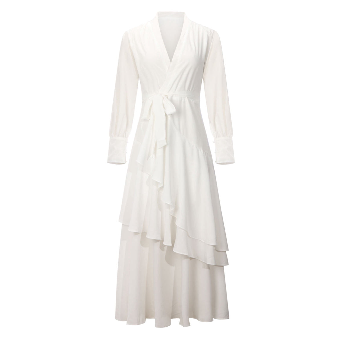 thumbnail image 6 of Sundresses for Women Casual Summer - Womens Summer Casual Boho Wrap V Neck Long Sleeve Evening Dress Cocktail Party Maxi Wedding Dresses Tiered with Belt, 6 of 8