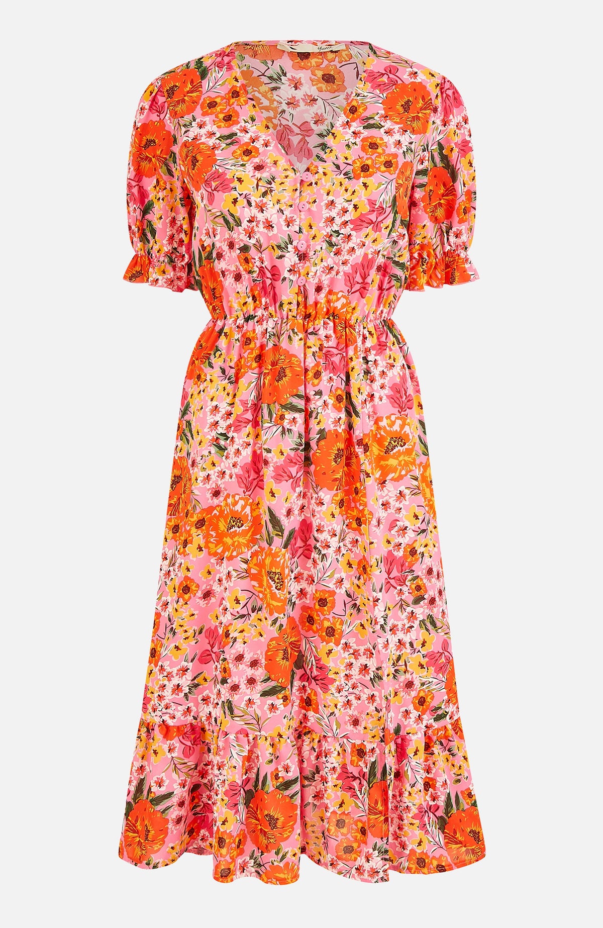 thumbnail image 5 of Yumi Puff Sleeve V-Neck Printed Midi Dress - Pink, 4, 5 of 6