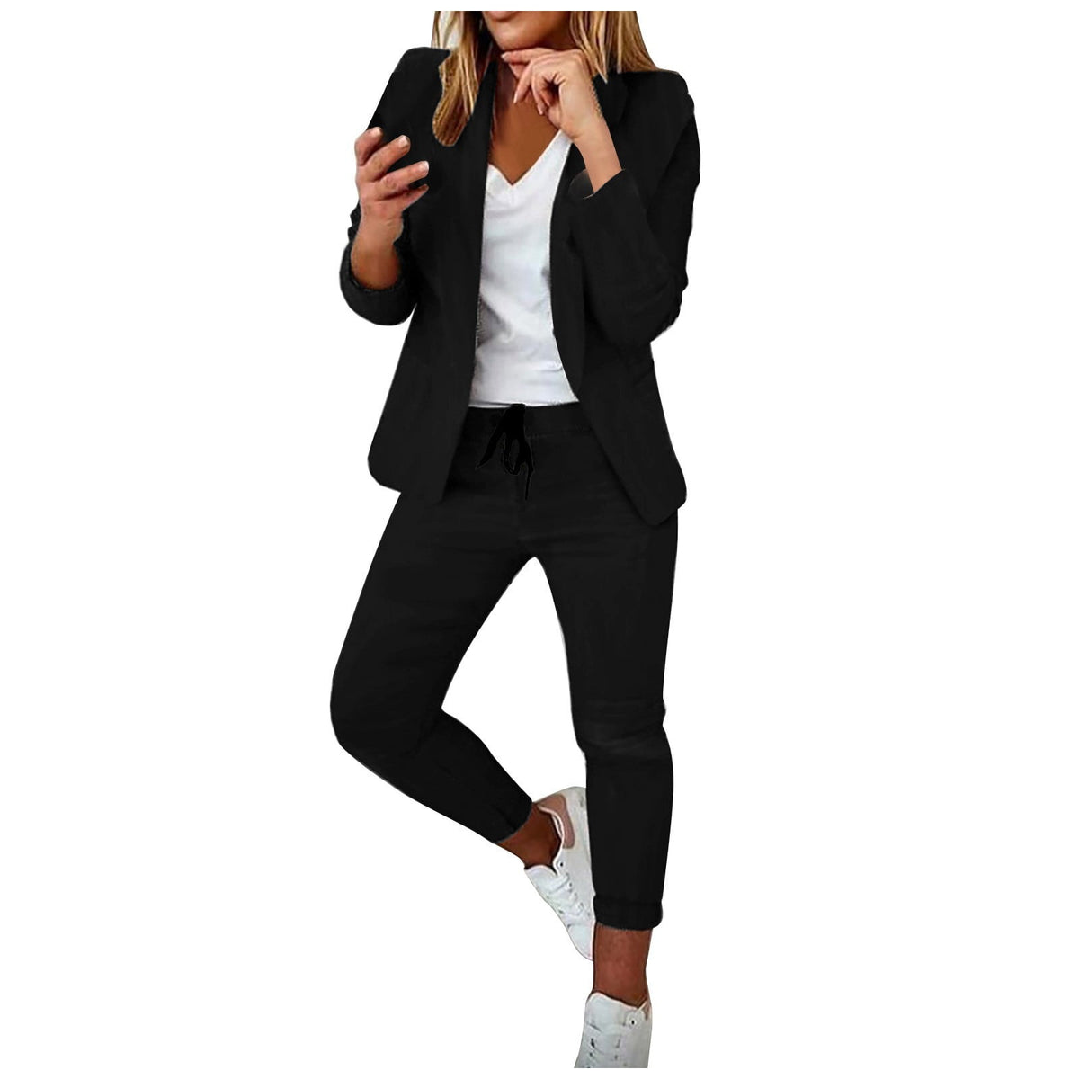 thumbnail image 5 of FAIWAD Womens 2 Piece Suit Open Front Long Sleeve Blazer with Elastic Waist Straight Pant Elegant Blazer Suit (Large, Black), 5 of 6