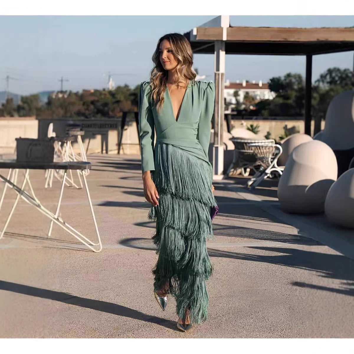 thumbnail image 3 of Autumn Deep V-neck Fringe Fitted Long Dress, 3 of 10