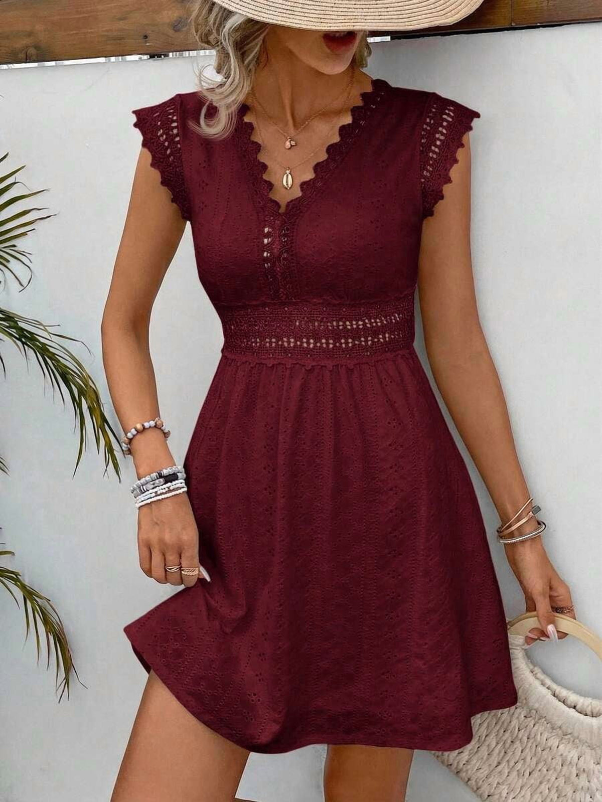 thumbnail image 5 of Burgundy Eyelet Lace V-Neck Short Sleeve A-Line Mini Dress, 5 of 30