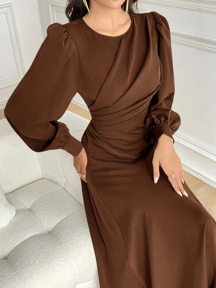 thumbnail image 7 of Coffee Brown Long Sleeve Midi Dress with Gathered Waist, 7 of 7