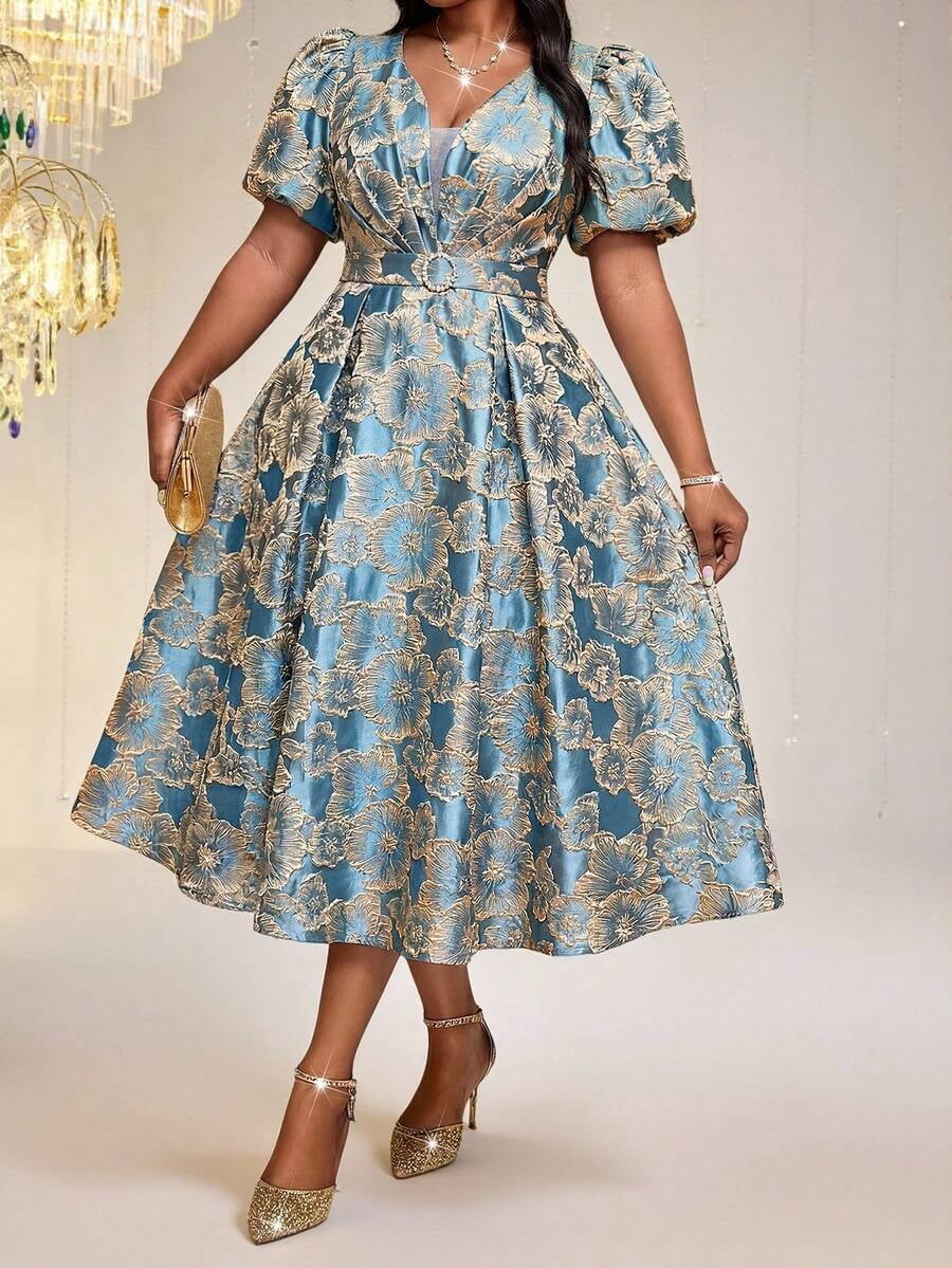 thumbnail image 5 of Womens Blue Floral Jacquard V-Neck Vintage 1950s Elegant Pleated Cocktail, 5 of 7
