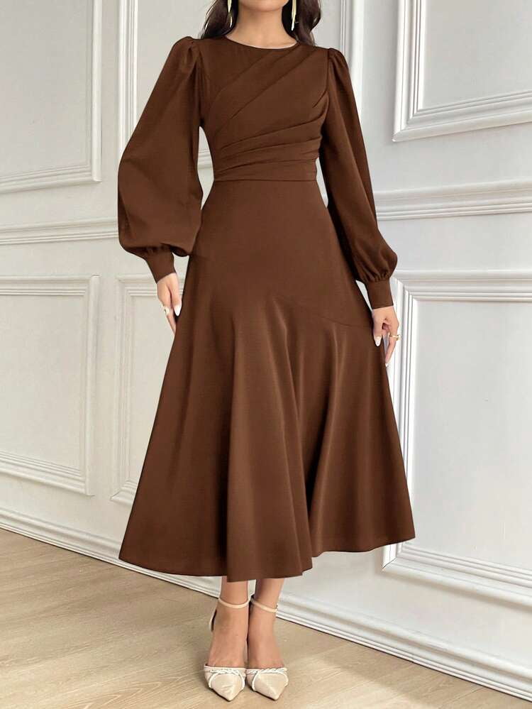 thumbnail image 6 of Coffee Brown Long Sleeve Midi Dress with Gathered Waist, 6 of 7