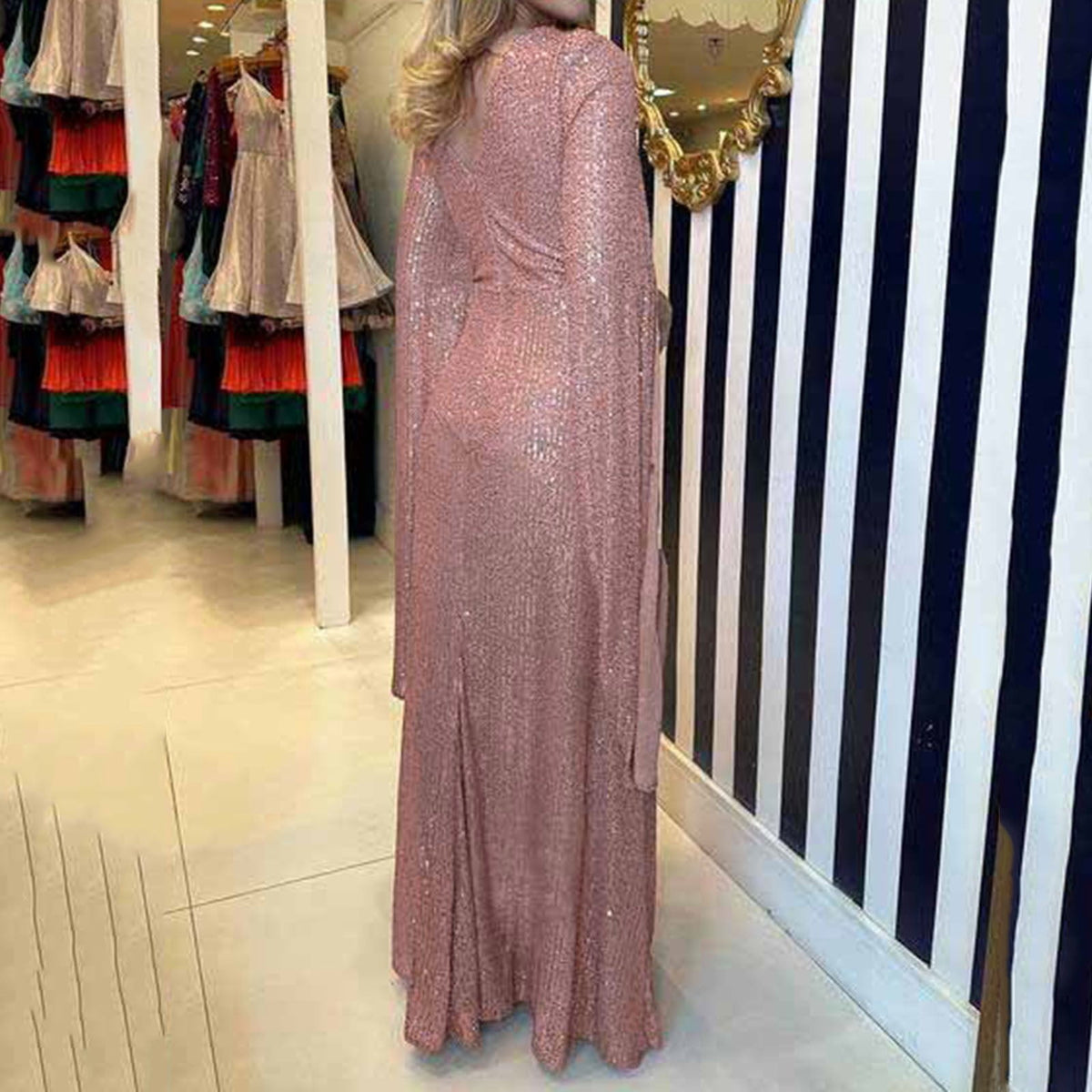thumbnail image 6 of XIAOCHA Sequin Twist Cape Sleeve Maxi Dress for Women V Neck Ruched Evening Party Long Gown, 6 of 6