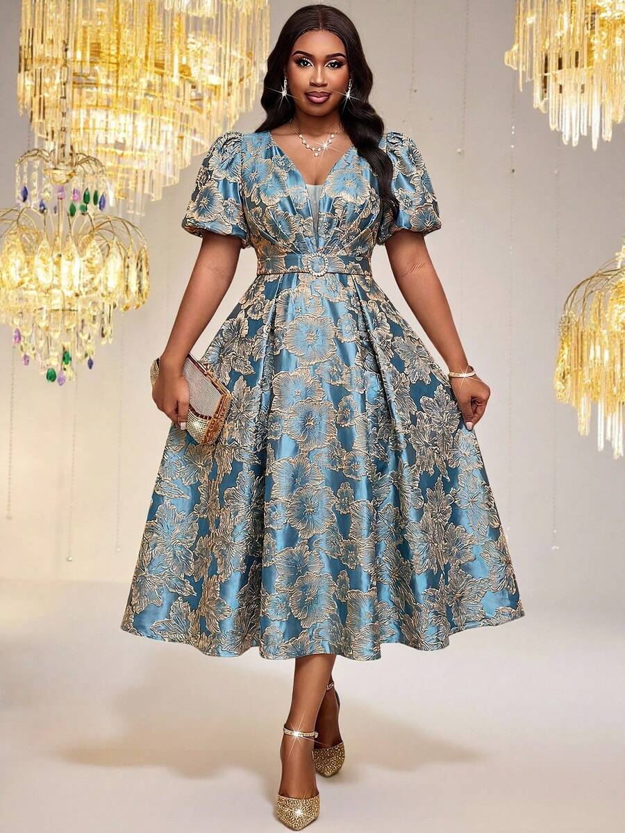 thumbnail image 3 of Womens Blue Floral Jacquard V-Neck Vintage 1950s Elegant Pleated Cocktail, 3 of 7