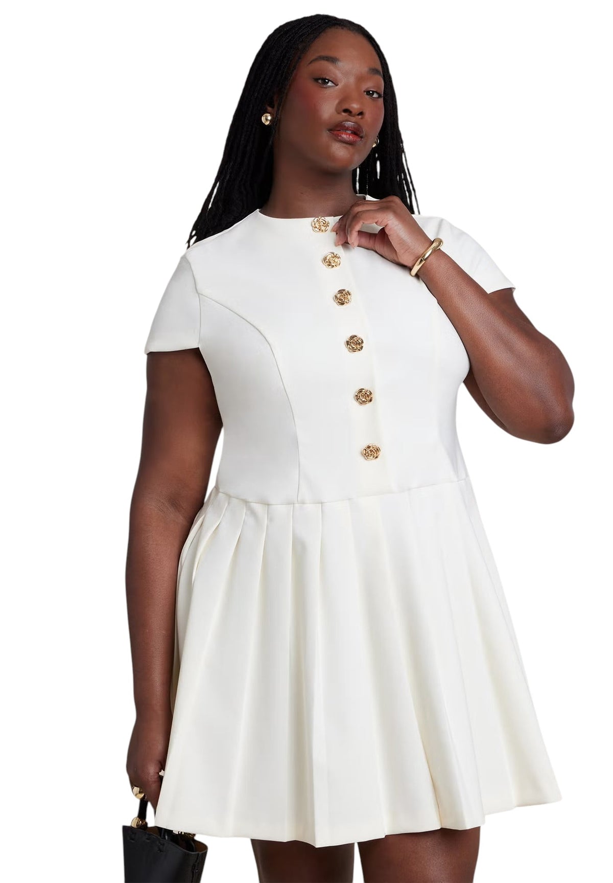 thumbnail image 3 of ELOQUII Women's Plus Size Button Detail Pleated Mini Dress, 3 of 4