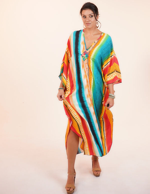 thumbnail image 5 of Shawl Dawls Women Cover-up V Neck Oversized Sleeve One Size Beach Kaftan Vacation Dress-STRIPE MULTI, 5 of 6