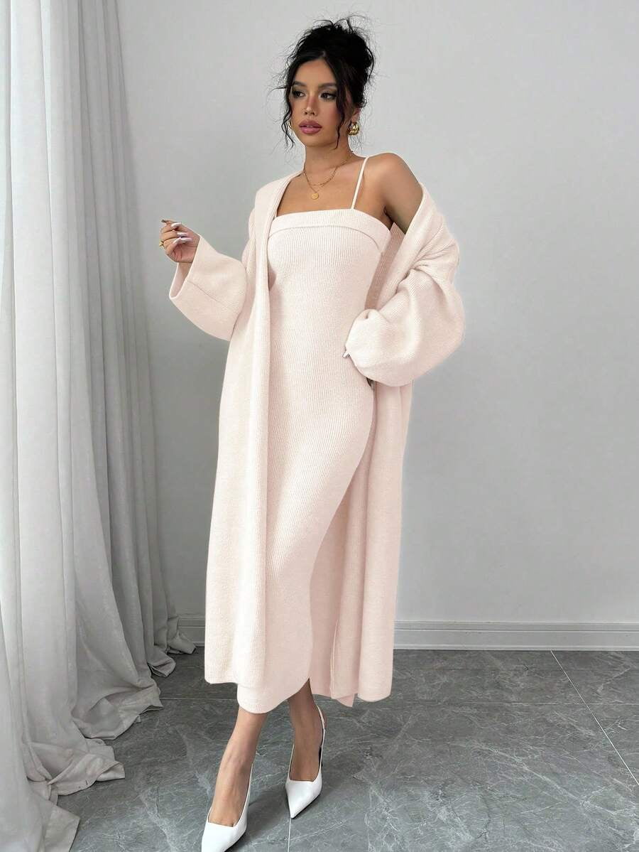 thumbnail image 1 of 2pcs Womens Baby Pink Spaghetti Strap Minimalist Dress With Long Sleeve, 1 of 5