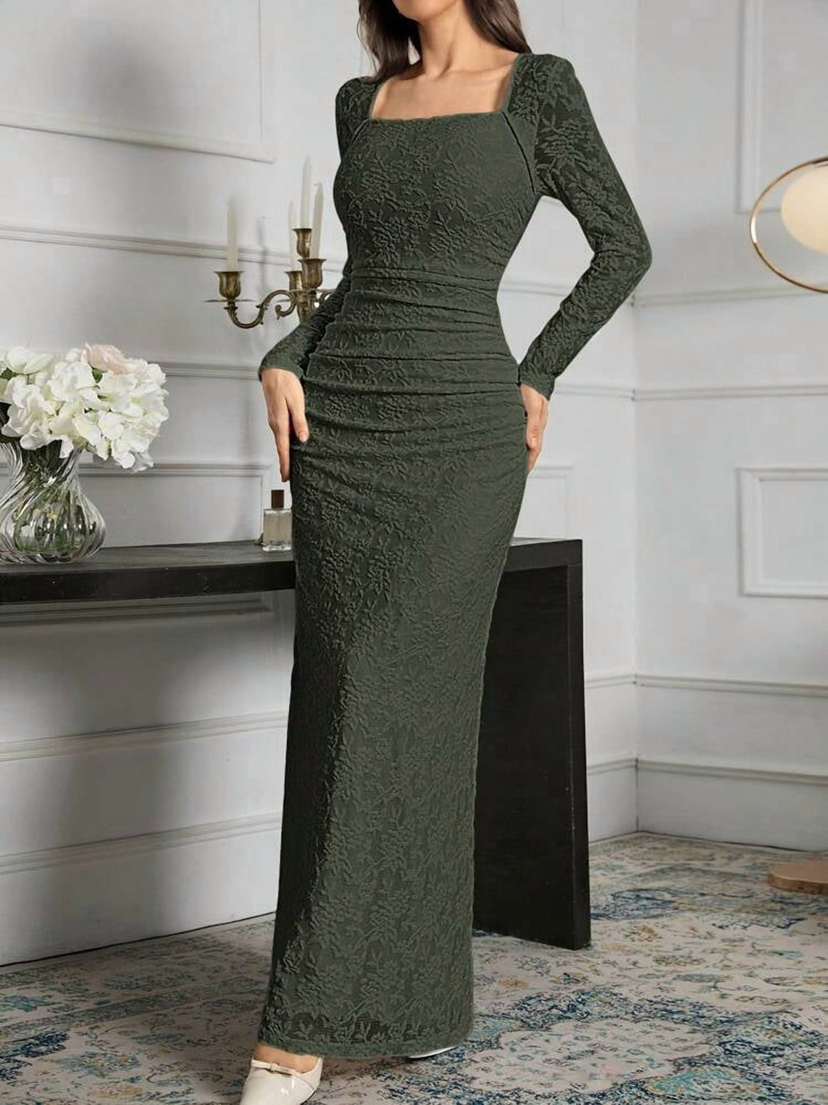 thumbnail image 6 of Dark Green Long Sleeve Square Neck Lace Bodycon Evening Dress, 6 of 6