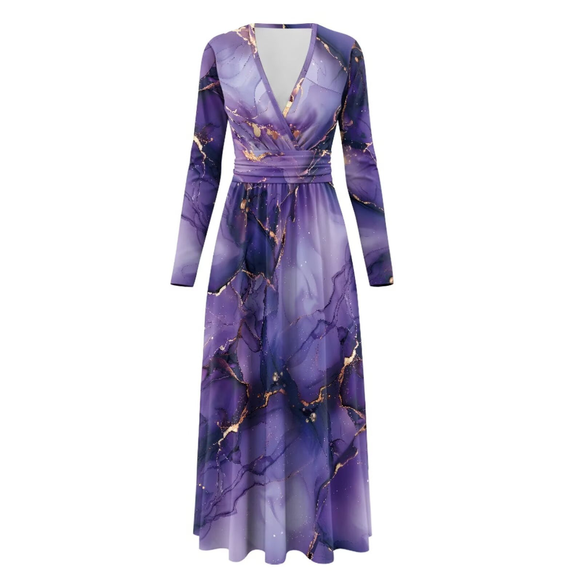 thumbnail image 5 of FKELYI Fall Maxi Dress for Women Long Sleeve A-Line Flowy Dresses with Side Pockets Marble Purple Gold Print V Neck Casual Dress for Spring Winter, 2XL, 5 of 6