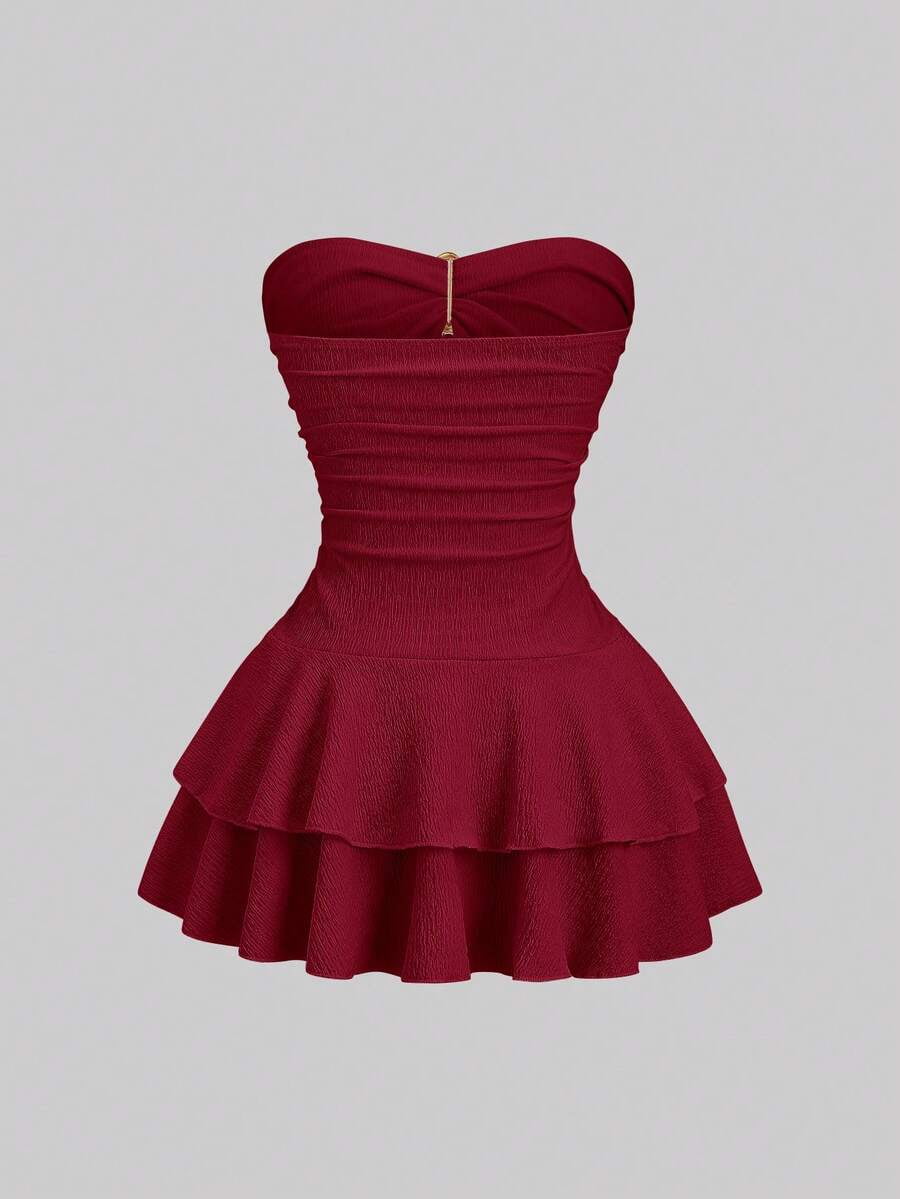 thumbnail image 2 of Women's Elegant Strapless Double Layer Ruffle Mini Dress, Red, Sizes L-M, 2 of 6