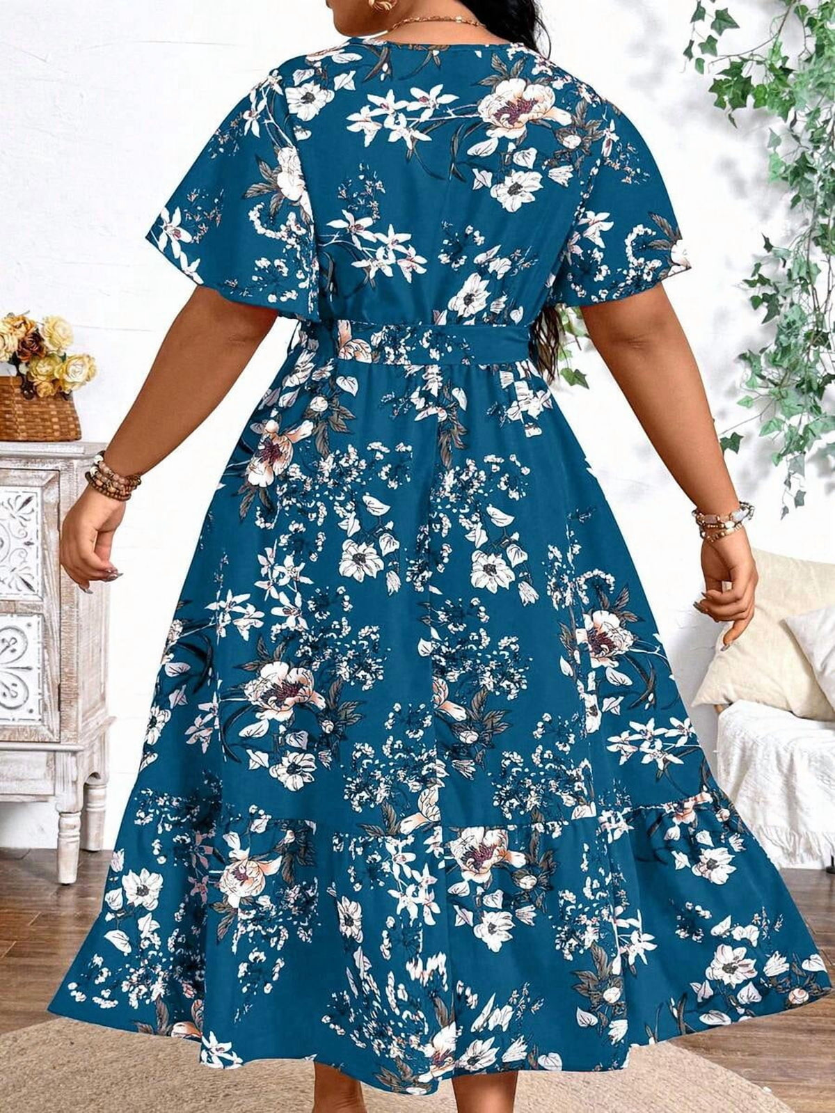 thumbnail image 2 of Plus Size Teal Blue Floral Print V-Neck Wrap Dress Short Sleeve A-Line Maxi, 2 of 6