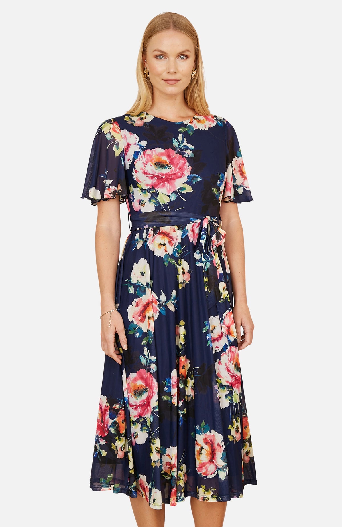 thumbnail image 3 of Yumi Mesh Floral Print Midi Dress - Navy, 6, 3 of 6
