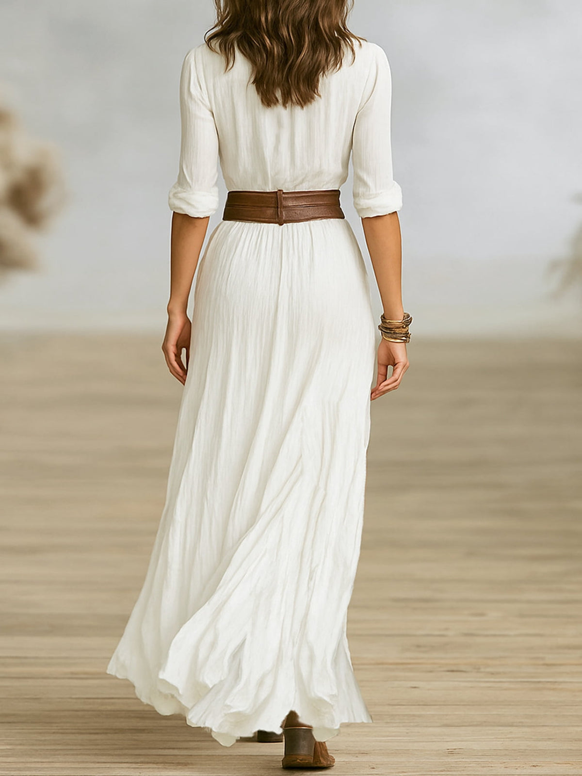 thumbnail image 3 of ZOELNIC Women's Elegant Ruched Maxi Shirt Dress with Belt, Asymmetrical Hem & Long Sleeve, M, 3 of 4