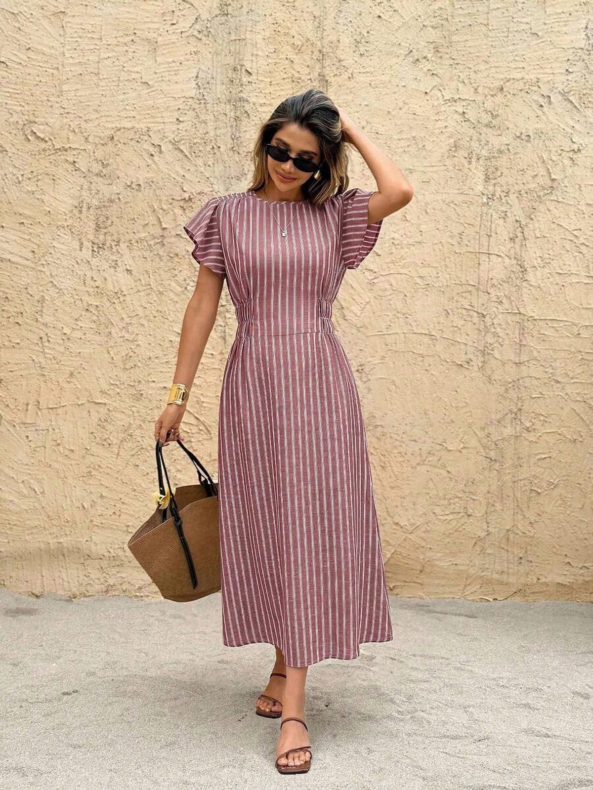thumbnail image 7 of Womens Burgundy Ruffle Sleeve Vertical Stripe Midi Dress Summer Vacation, 7 of 7