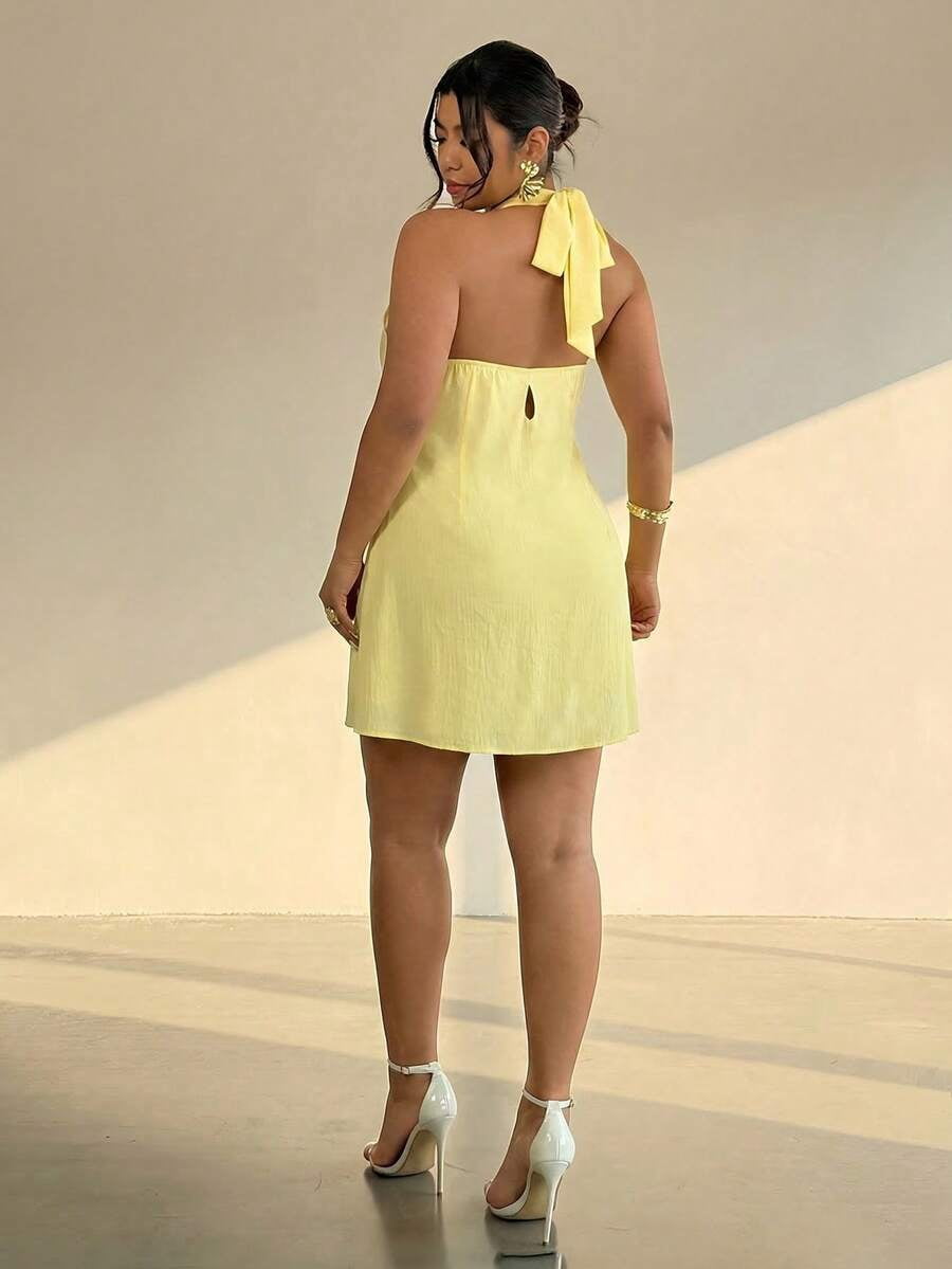 thumbnail image 2 of Plus Size Yellow Halter Neck Backless Mini Dress, 2 of 9