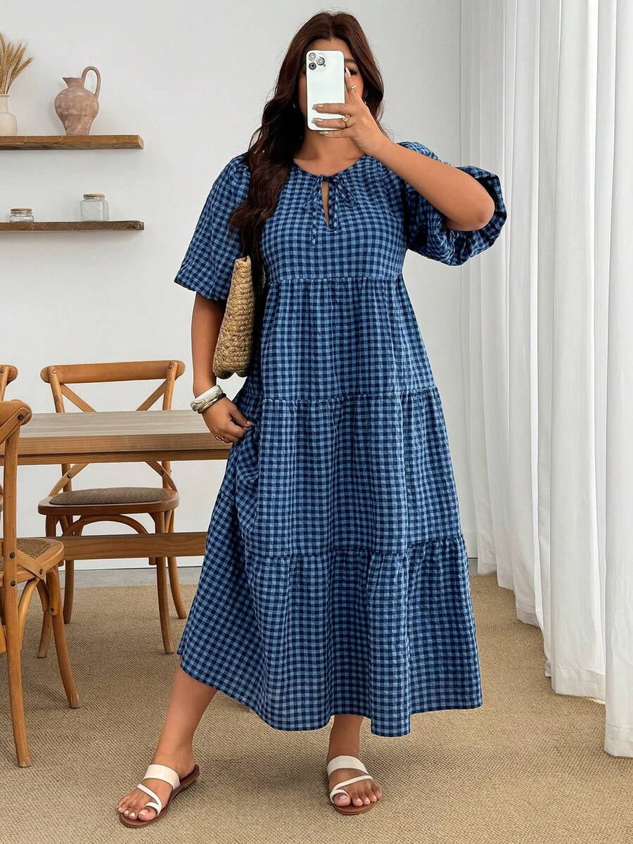 thumbnail image 4 of Womens Blue Gingham Tiered Dress With Puff Sleeves And Ruffle Hem, 4 of 8