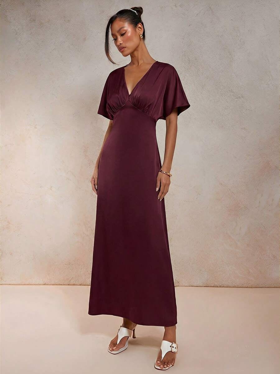 thumbnail image 3 of Womens Elegant Redwood V-Neck Satin Long Dress, 3 of 8