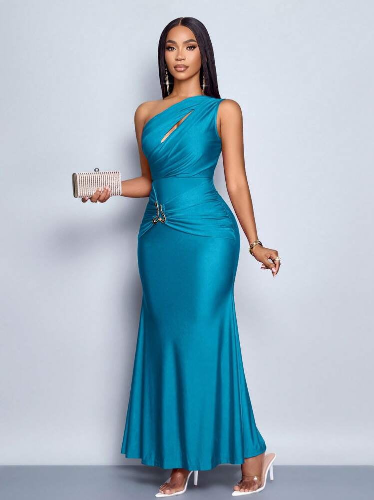 thumbnail image 6 of Teal Blue One Shoulder Asymmetric Cutout Maxi Dress with Ornamental Chain, 6 of 8
