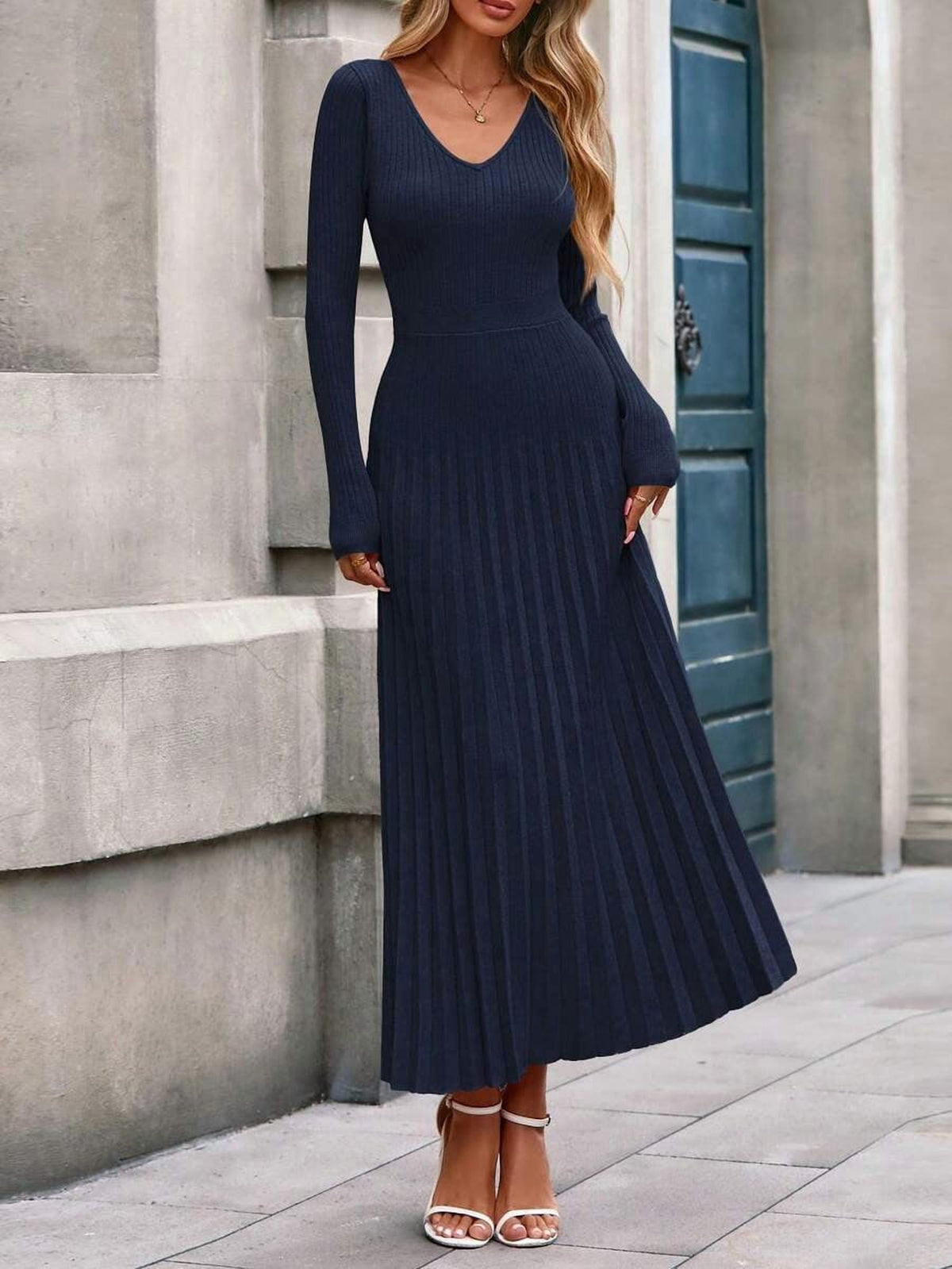 thumbnail image 3 of Navy Blue Long Sleeve V Neck Ribbed Knit Pleated Maxi Dress, 3 of 6