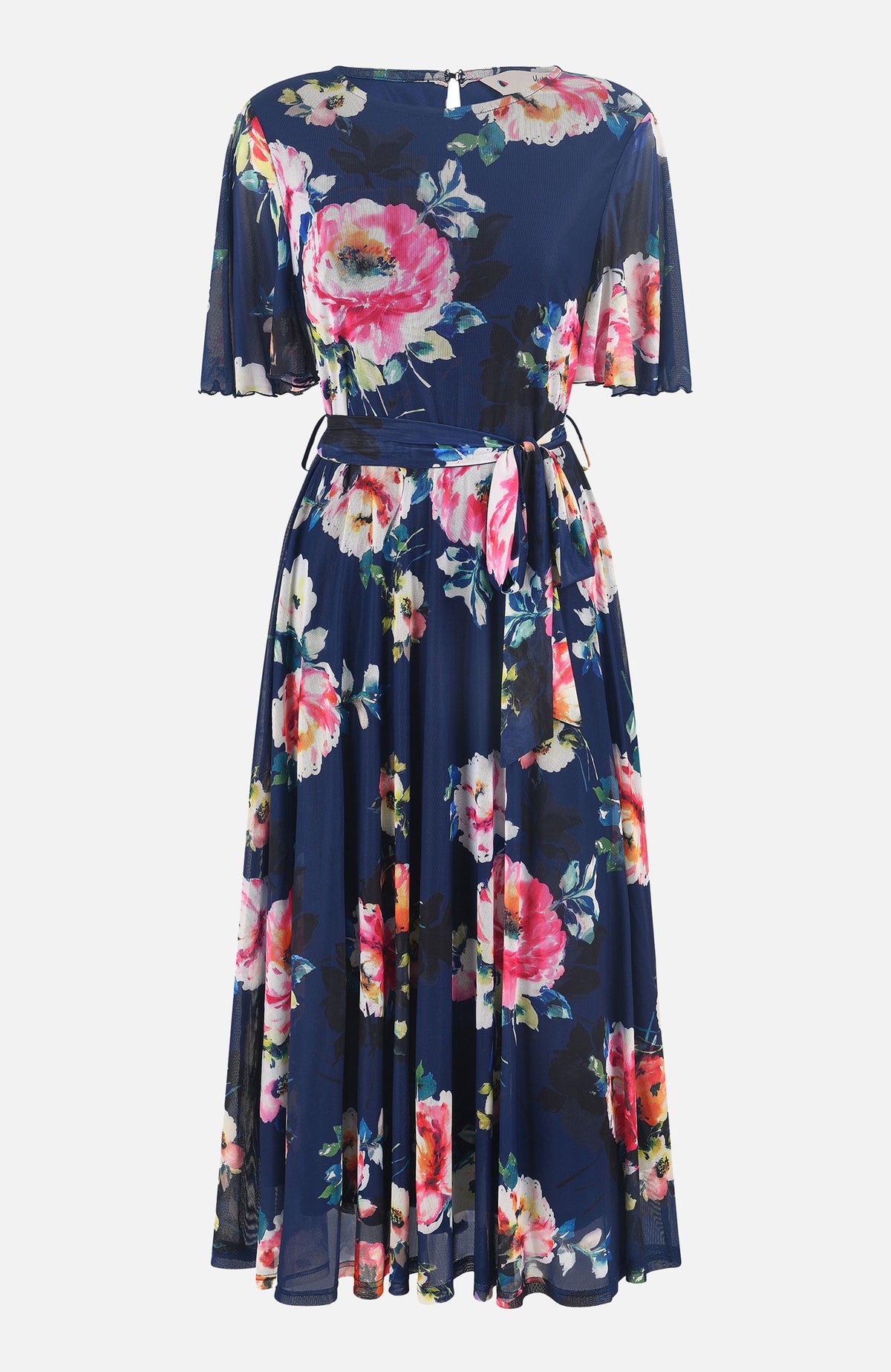 thumbnail image 5 of Yumi Mesh Floral Print Midi Dress - Navy, 6, 5 of 6
