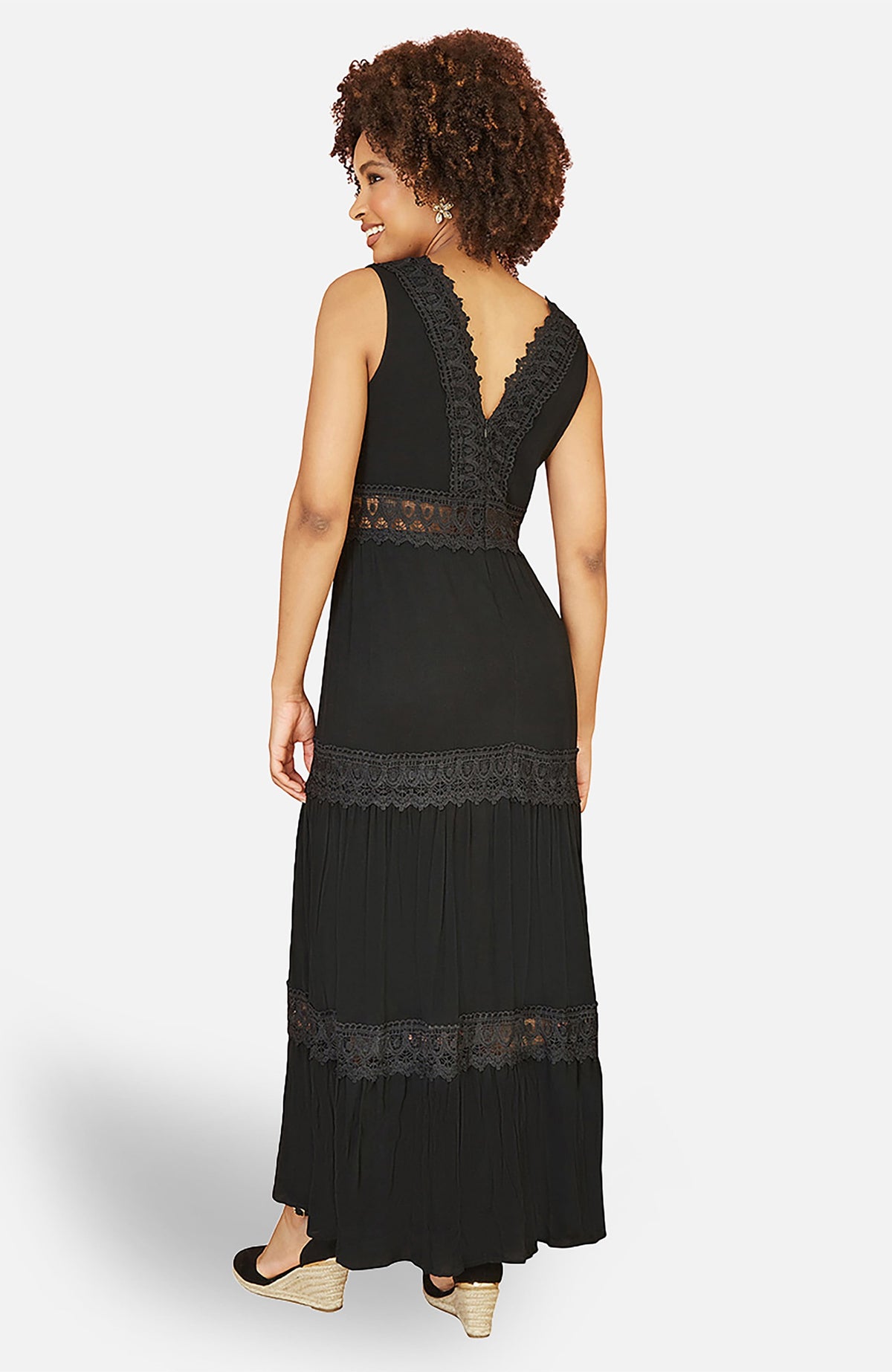 thumbnail image 2 of Yumi Lace Trim Cotton Maxi Sun Dress - Black, S, 2 of 5