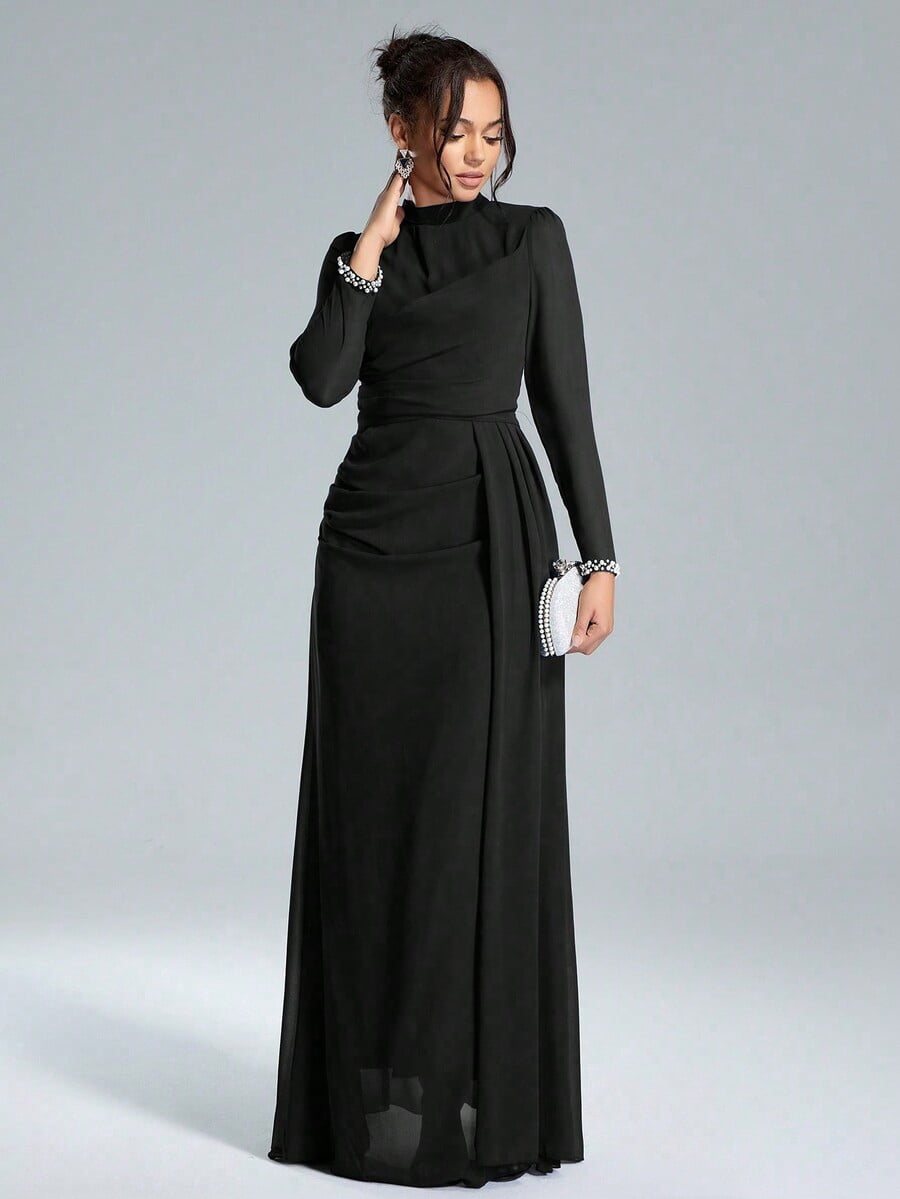 thumbnail image 5 of Black Long Sleeve Formal Evening Gown with Sequin Pearl Cuffs, 5 of 8