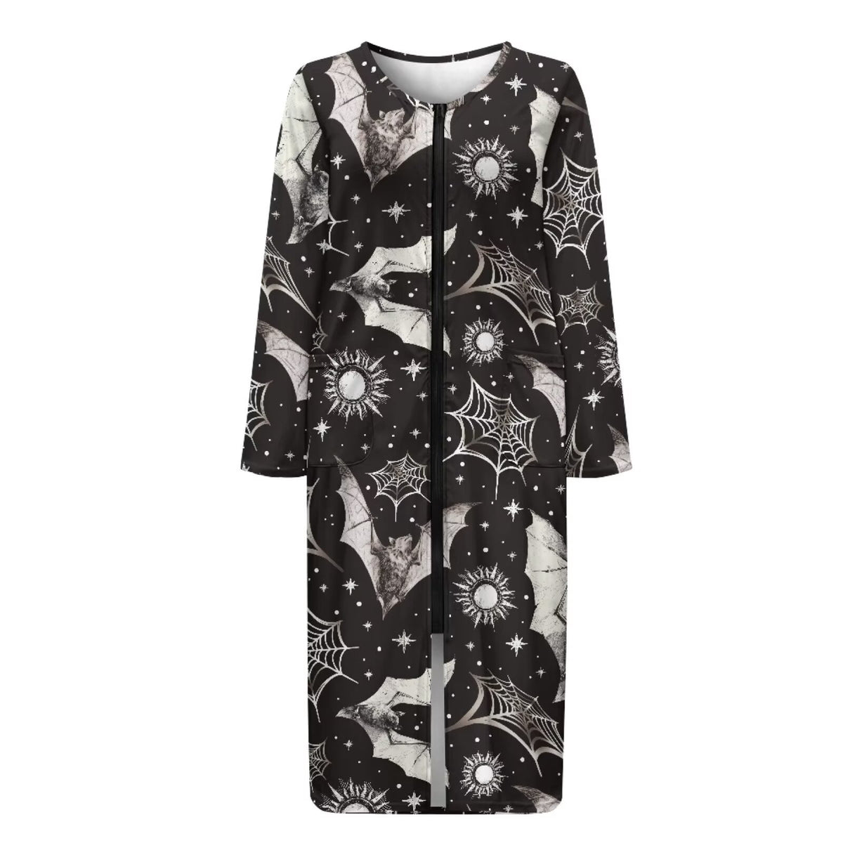 thumbnail image 4 of FKELYI Black Spiderweb Bat Star Print Women Zip Up Robe Nightgowns House Coats Full Length Soft House Dress Long Sleeve Bathrobe with 2 Pockets Nightwear, 4XL, 4 of 6