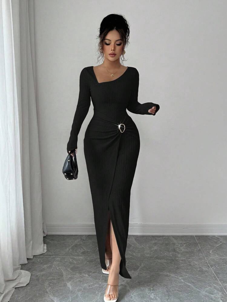 thumbnail image 7 of Black Asymmetrical Neck Knitted Long Dress with Ornamental Buckle, 7 of 7