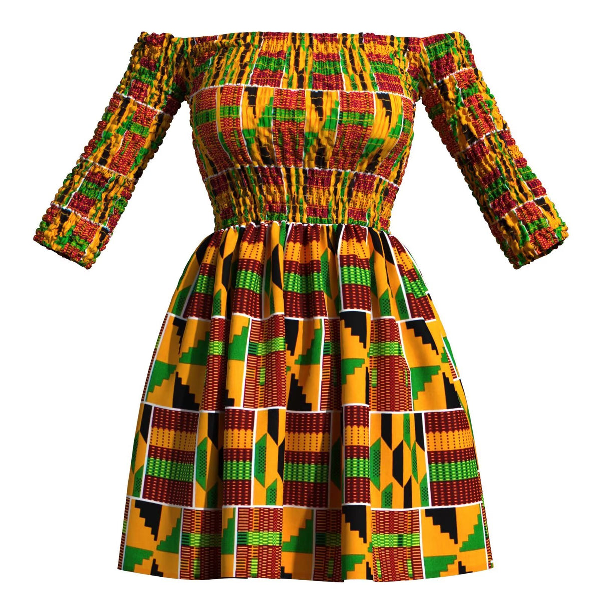 thumbnail image 3 of Bintarealwax African Dresses for Women Floral Off the Shoulder Mini Smocked Dress with Short Sleeve Party, 3 of 3