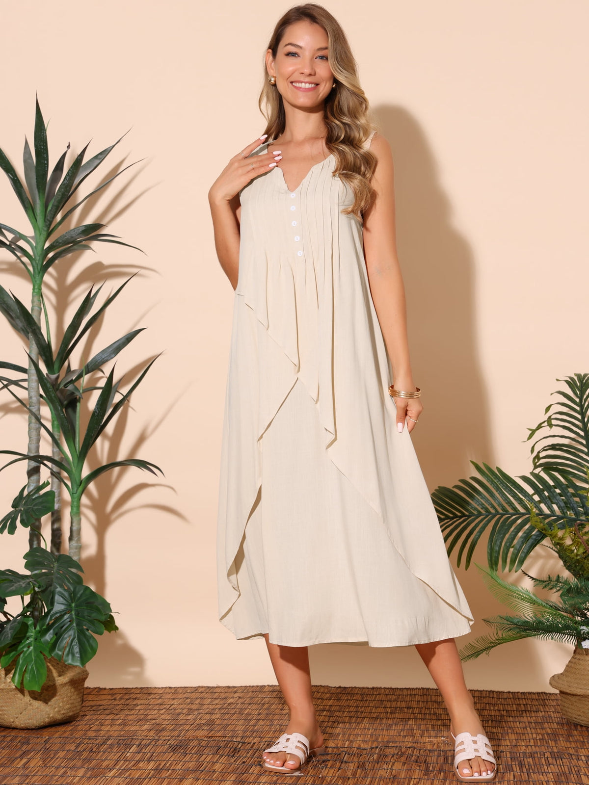 thumbnail image 4 of DARING DIVA Ruffle Sleeveless V Neck Pleated Flowy Maxi Dress XL Apricot, 4 of 8